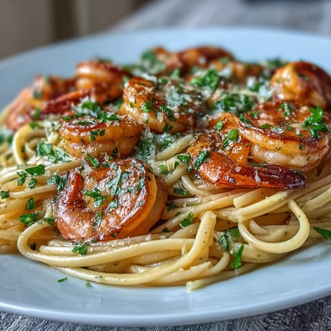 Lemon Garlic Shrimp Pasta with vibrant lemon zest and fresh parsley, served in a white bowl with a sprinkle of Parmesan.  