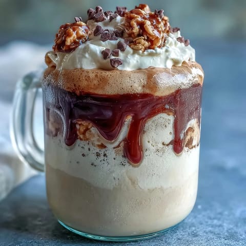 Creamy Vanilla Bean Frappuccino overnight oats jar layered with coffee and topped with whipped cream and chocolate chips.