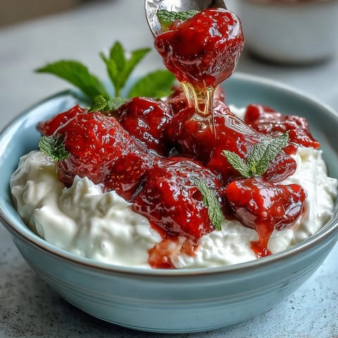 Strawberry compote over Greek yogurt, topped with honey and fresh mint, in a clear glass bowl.
