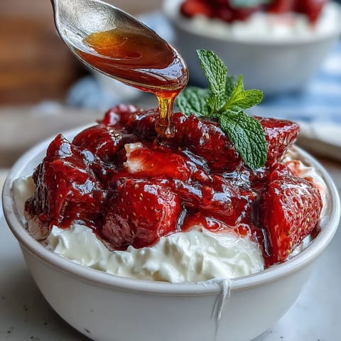 Creamy Greek yogurt layered with homemade strawberry compote and a drizzle of honey, served in a white bowl.