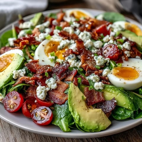 Vibrant Spring Cobb Salad with strawberries, avocado, and feta arranged on fresh greens for a colorful, refreshing meal.