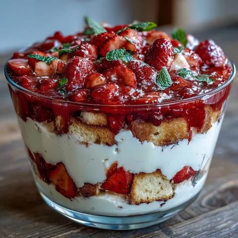 Layered Mothers Day strawberry shortcake trifle with juicy berries and fluffy whipped cream in a glass bowl