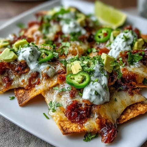 Game day nachos with cheese sauce, loaded with fresh jalapeños, diced tomatoes, and creamy avocado on crispy tortilla chips.