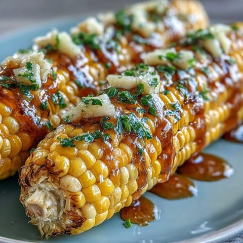 Freshly cooked corn on the cob topped with melted garlic butter, garnished with parsley for a flavorful, easy side dish.