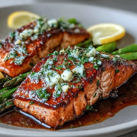A golden, flaky salmon fillet drizzled with rich garlic butter sauce, served with vibrant green asparagus spears on a rustic plate.