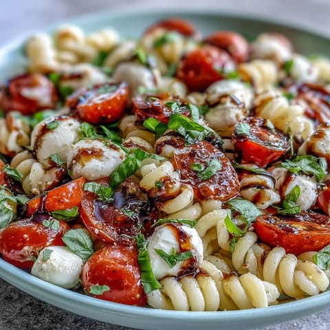A vibrant summer pasta salad with cherry tomatoes, fresh mozzarella, and fragrant basil, drizzled with olive oil and balsamic glaze.