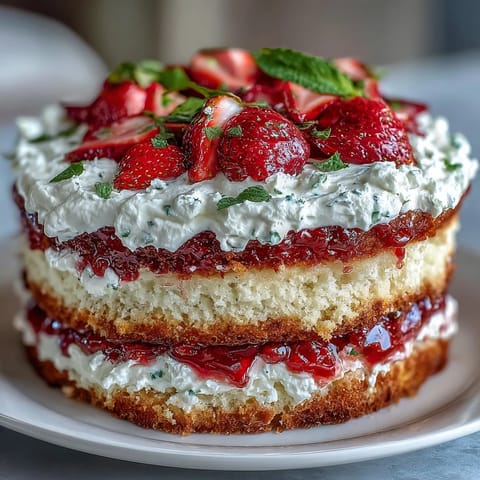 Naked Spring Cake with Strawberries and Cream, fresh strawberries and fluffy whipped cream layered between soft vanilla sponge, perfect for spring celebrations.