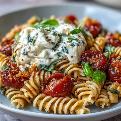 Creamy Caprese pasta with burrata, bursting cherry tomatoes, and fresh basil for a vibrant summer dinner.  