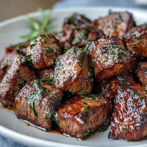 One-pan garlic herb steak bites with juicy sirloin seared in garlic butter and fresh parsley for a quick, flavorful dinner.