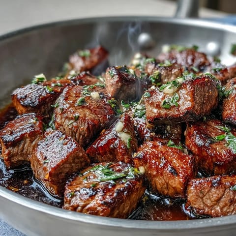 Sizzling steak bites cooked in a single pan with garlic, thyme, and butter, delivering tender, herb-infused flavor in every bite.