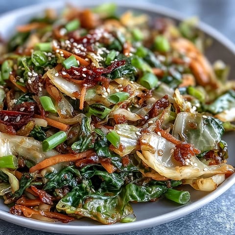 Spicy Cabbage Stir Fry sizzling in a hot wok with vibrant green cabbage and red chili slices.