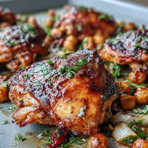 Harissa chicken thighs roast with chickpeas and colorful peppers for a vibrant, spicy traybake. Juicy harissa-marinated chicken and vegetables create a flavorful one-pan dinner. Golden roasted harissa chicken with chickpeas and zucchini makes a satisfying Mediterranean-inspired meal.