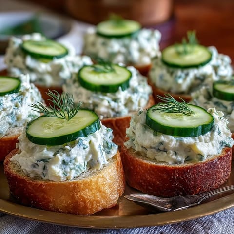Classic Kentucky Benedictine spread served on toasted bread rounds, topped with thin cucumber slices and herb garnish.  