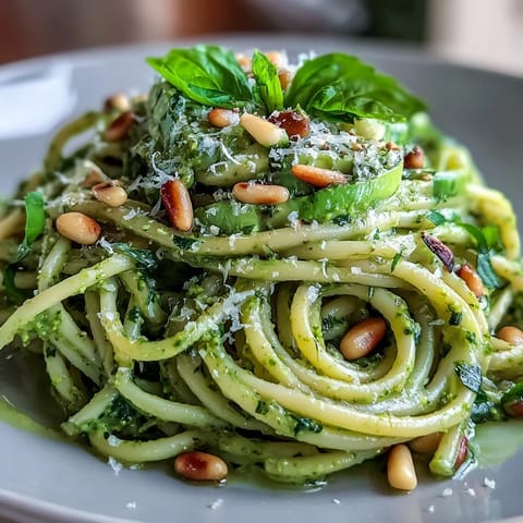Creamy avocado pesto pasta with fresh basil and pine nuts, served in a rustic bowl with lemon zest and Parmesan.