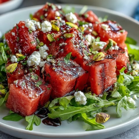 Vibrant watermelon feta arugula salad with balsamic reduction ready to serve.