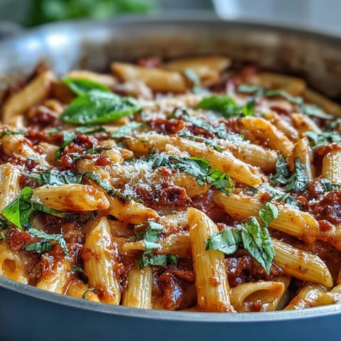 Close-up of creamy One-Pot Creamy Tomato Basil Pasta with fresh basil garnish.