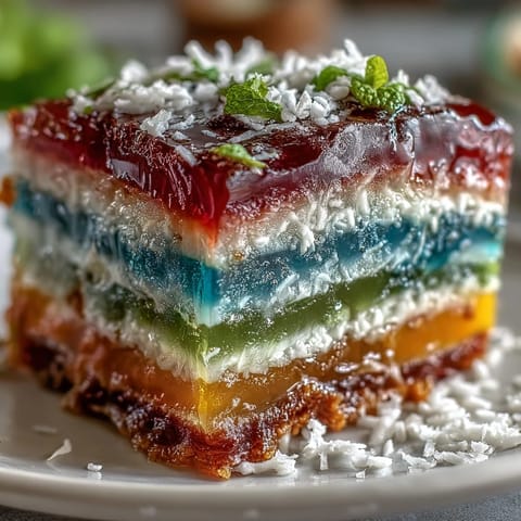 Beautifully layered agar-agar rainbow jelly cake, ready to be sliced and served.