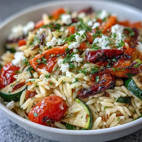 Golden Orzo with Roasted Vegetables and Feta, a colorful Mediterranean delight.
