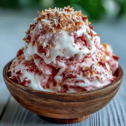 Refreshing watermelon coconut ice cream, hand-churned into creamy, speckled scoops.