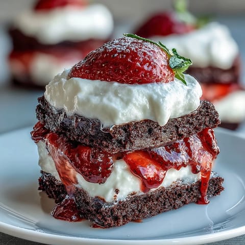 Delectable strawberry black sesame shortcake with layers of cream and berries.