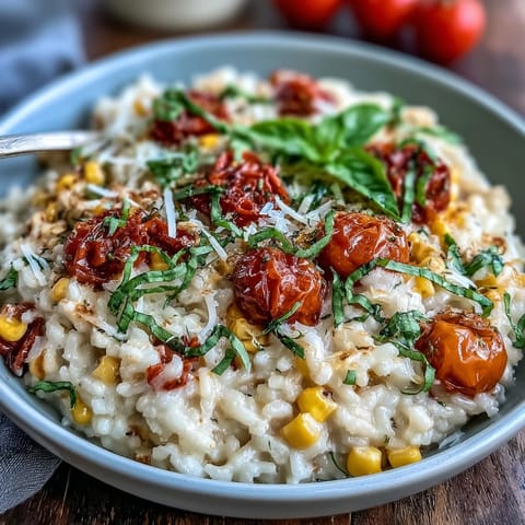 Creamy Summer Tomato Corn Risotto, bursting with fresh corn and juicy tomatoes.