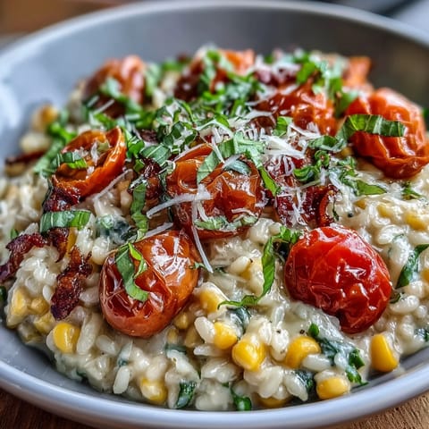 Vibrant, seasonal Summer Tomato Corn Risotto garnished with fresh basil.