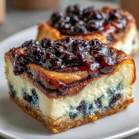 Decadent Blueberry Cinnamon Roll Cheesecake Bars with vibrant fruit swirls.
