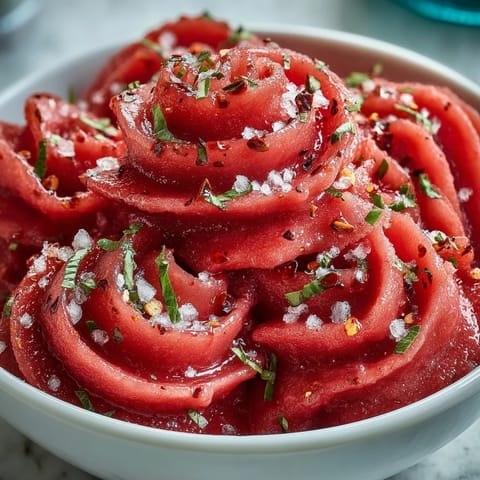 Frozen Watermelon Tajín Sorbet, a vibrant pink dessert sparkling with chili lime seasoning.