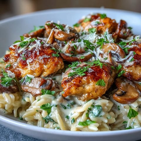 Creamy garlic mushroom chicken orzo dish with tender chicken and savory mushrooms.