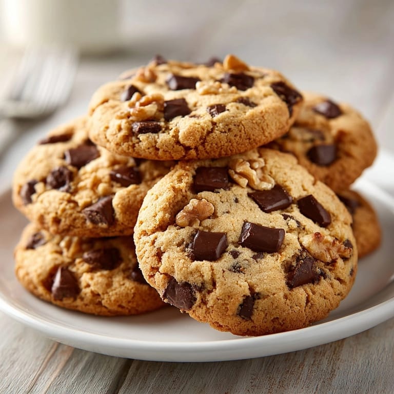 Classic chocolate chip cookies stacked on a plate, melty chocolate chips glistening with a sprinkle of sea salt.