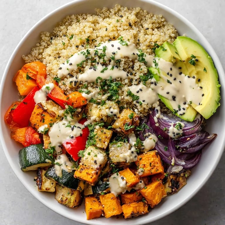 Colorful Quinoa Bowl with Roasted Vegetables and Lemon-Tahini Dressing served fresh for a nourishing vegan meal