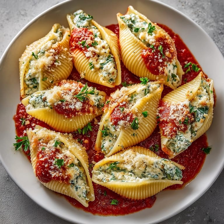 Melty Mushroom Stuffed Giant Shells presented with rich tomato sauce and a sprinkle of fresh parsley.