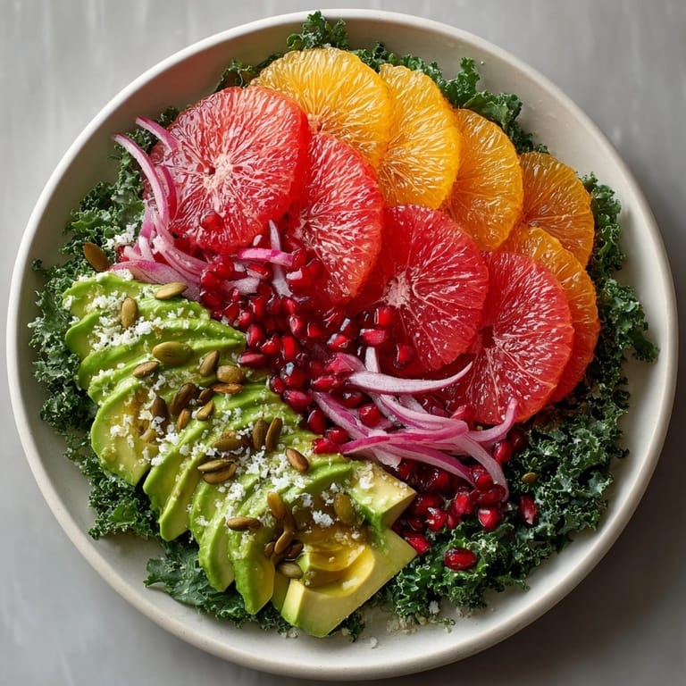 Hearty Winter Citrus Kale Salad with Pomegranate and Avocado served chilled for a healthy lunch