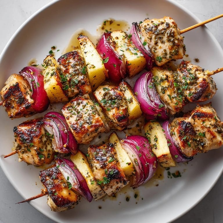Platter of Maple Apple Chicken Skewers garnished with parsley, perfect for fall outdoor cookouts.