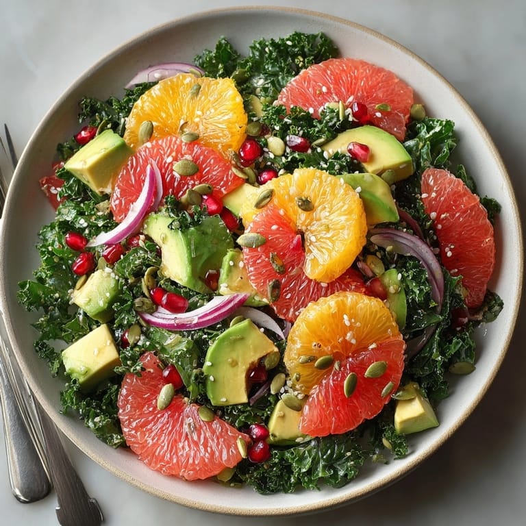 Fresh Winter Citrus Kale Salad with pomegranate, avocado, and juicy citrus segments perfect for lunch