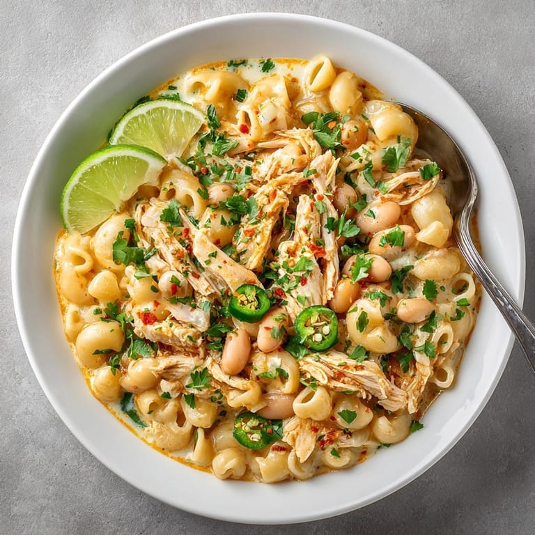 Hearty one-pot creamy white chicken chili mac, served hot with beans and elbow macaroni.