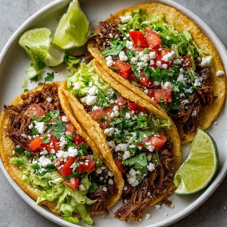 Flavorful slow cooker pot roast tacos served family-style with colorful garnishes and a side of lime wedges.