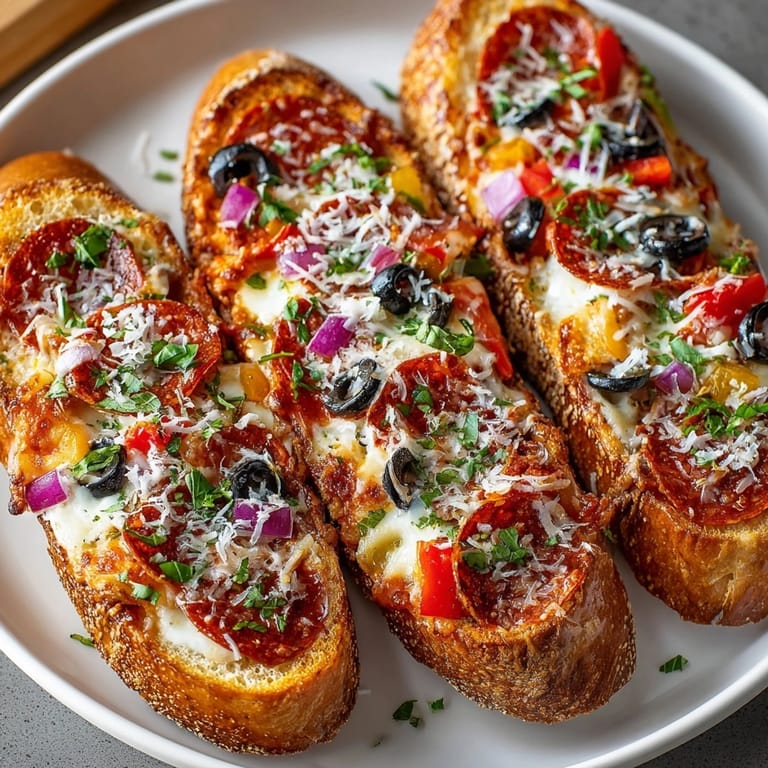 Close-up of golden baked Loaded Pizza Bread Boats filled with melty cheese and fresh herbs