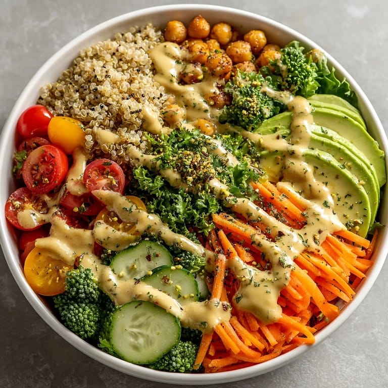 A Fresh &amp; Healthy Buddha Bowl topped with pistachio butter drizzle, crisp greens, and grains