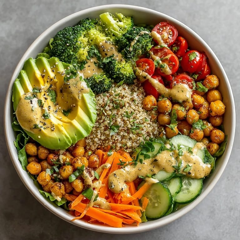Fresh &amp; Healthy Buddha Bowl with Pistachio Butter Drizzle served vibrant with avocado and chickpeas