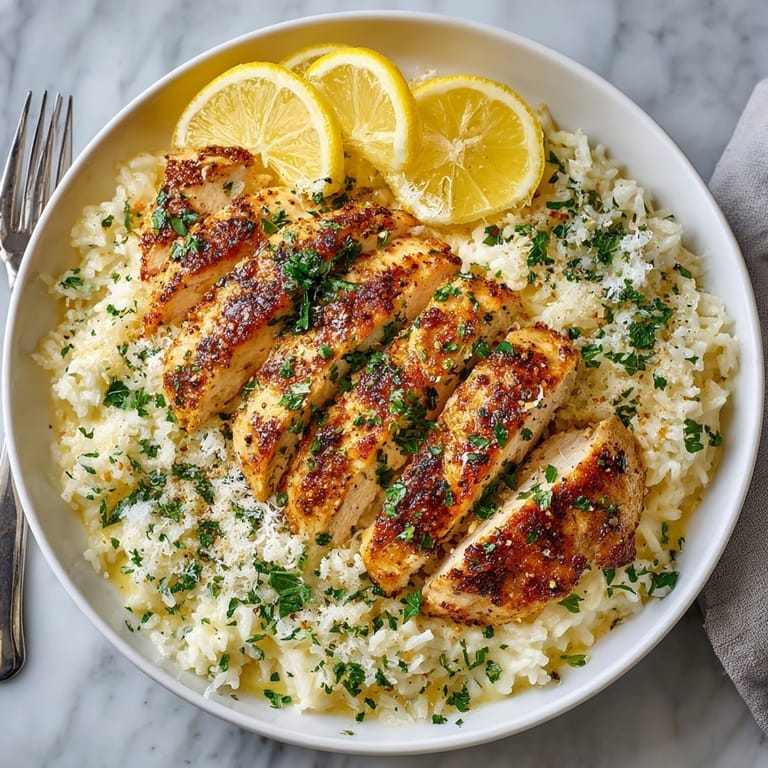 Closeup of one-pan garlic parmesan chicken &amp; rice steaming hot with buttery sauce and fresh lemon wedges.