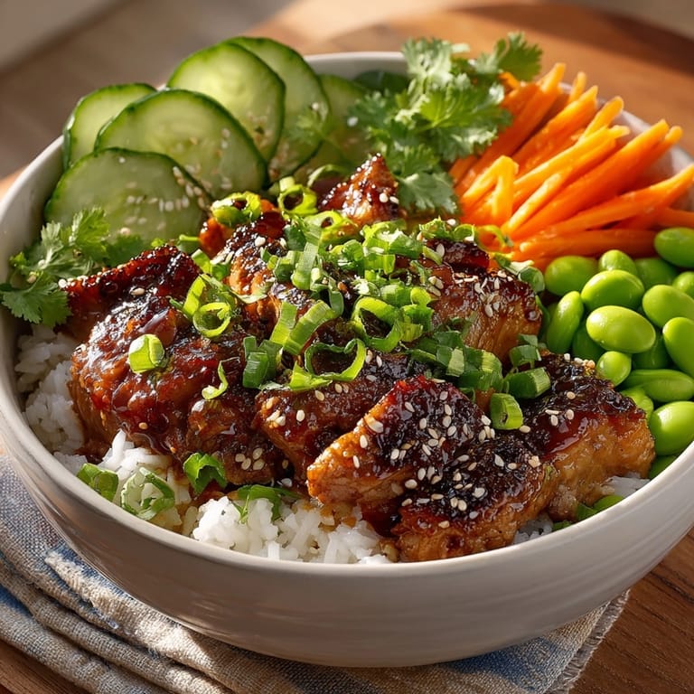 Asian Fusion Quick Lunch: Teriyaki Chicken Rice Bowls served hot with steaming rice and colorful fresh vegetables.