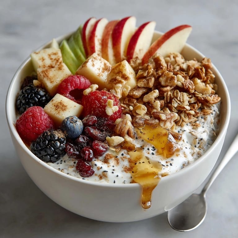 Greek yogurt-based Fresh &amp; Healthy Apple Cinnamon Breakfast Bowls served with walnuts and a sprinkle of cinnamon.