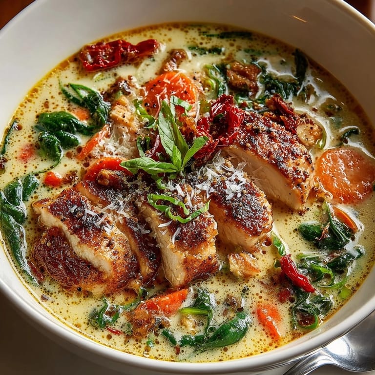 Steaming bowl of fragrant marry me chicken soup, topped with fresh herbs and ready to savor.