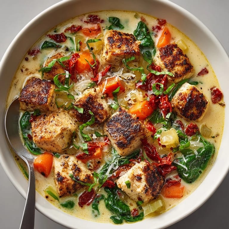 Close-up of rich, flavorful marry me chicken soup, ideal for dipping crusty bread, a perfect lunch.