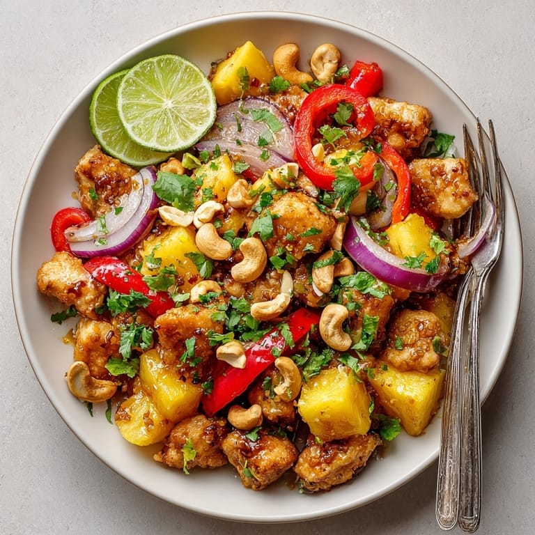This warm plate of Tropical Winter Escape Pineapple Chicken features a sweet and savory glaze with pineapple chunks.
