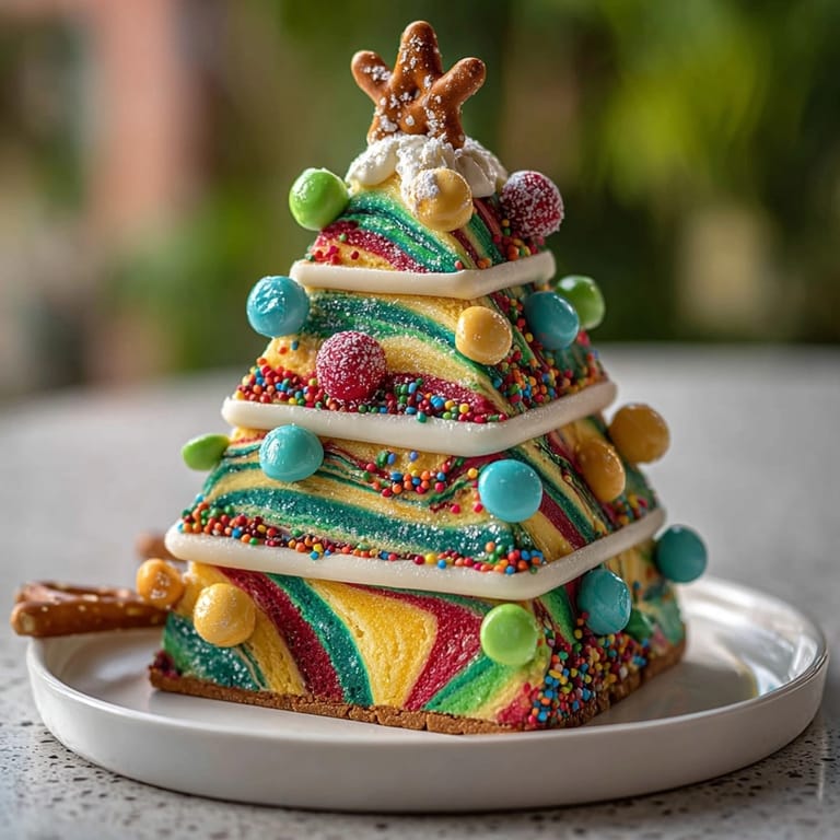 Vibrant Chaos Cake Christmas Tree Swirls image showcasing a whimsical, swirled, holiday celebration dessert.