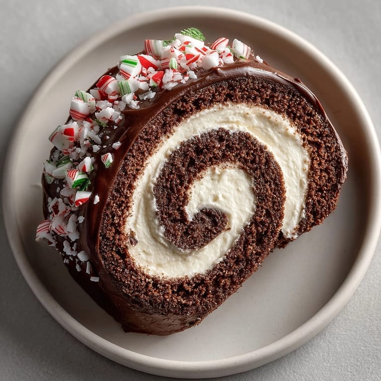 Enjoy the satisfying crunch of candy canes with every bite of this decadent Peppermint Crunch Yule Log Cake.