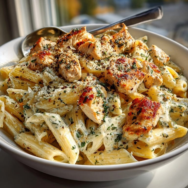 Golden-brown, delicious Creamy Chicken and Cream Cheese Pasta, perfect for a cozy dinner.