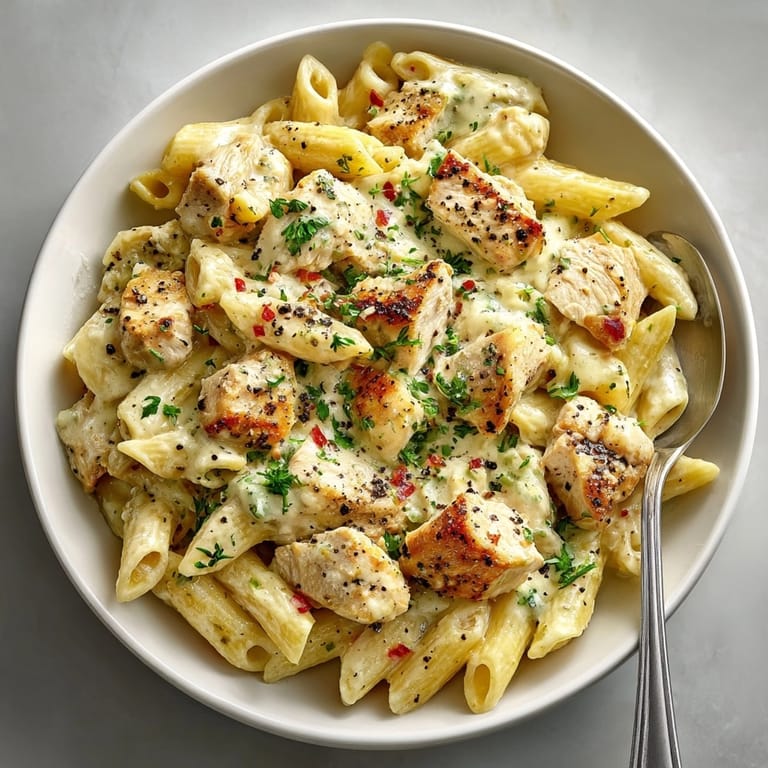 A close-up of rich, flavorful Creamy Chicken and Cream Cheese Pasta, creamy sauce enveloping penne.
